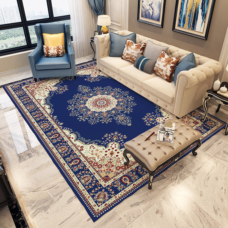 Avtoit | Blue and gray bedroom rug Moroccan medallion floral pattern area rug polyester non-slip washable rug