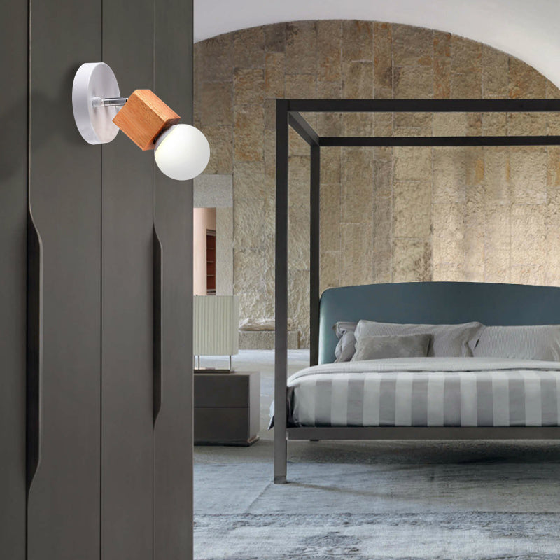 Avtoit | Black/White 1 Head Wall Lamp Sconces Industrial Style Wooden Square Wall Mount Light with Circular Wall Plate