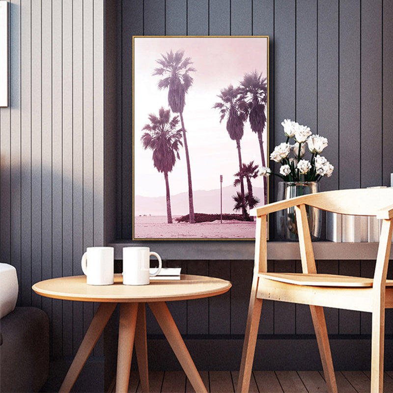Avtoit | Pink Tropix Canvas Wall Art Areca Nut Palm at the Beach Landscape Wall Decoration for the Living Room