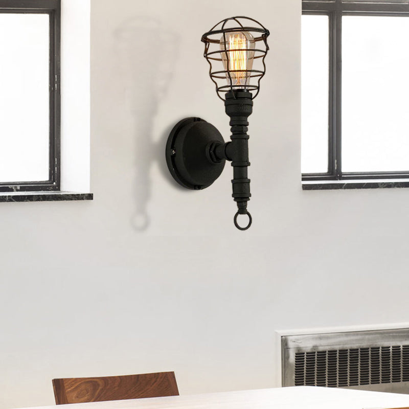 Avtoit | Vintage Industrial Coated Wall Lamp 1 Light Metal Wall Mount Light with Water Pipe in Black for Dining Room
