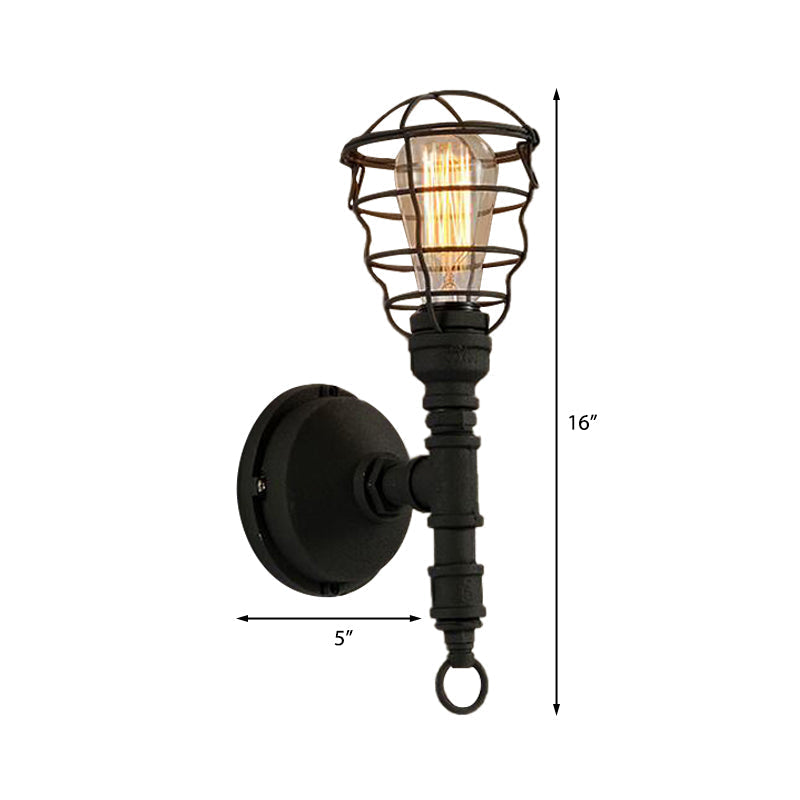 Avtoit | Vintage Industrial Coated Wall Lamp 1 Light Metal Wall Mount Light with Water Pipe in Black for Dining Room
