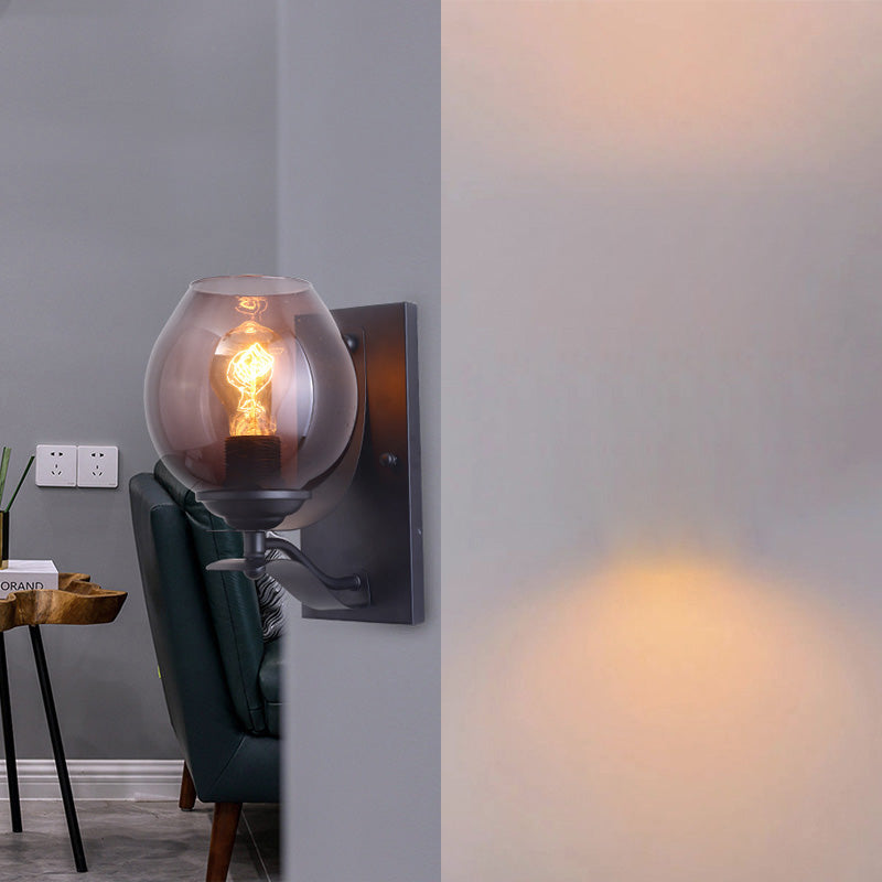 Avtoit | A light wall lamp with ball shade gray glass industrial café lighting fixture in black