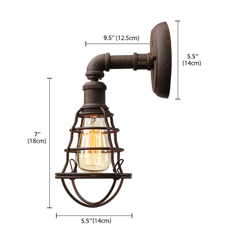 Avtoit | Wire Frame Iron Wall Lamp with Pipe Farmhouse 1 Head Dining Room Mini Wall Lamp in Rust