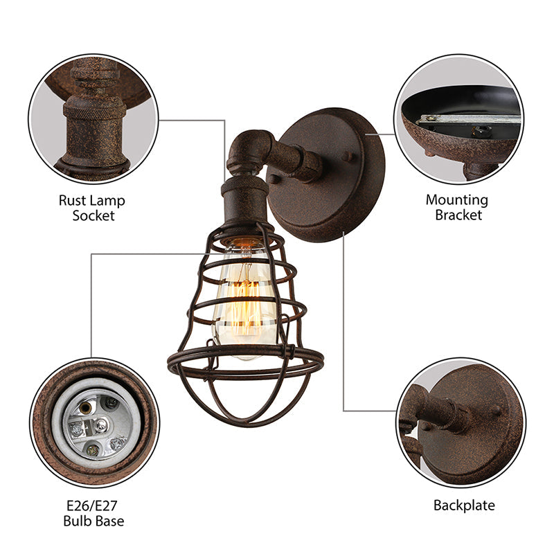 Avtoit | Wire Frame Iron Wall Lamp with Pipe Farmhouse 1 Head Dining Room Mini Wall Lamp in Rust