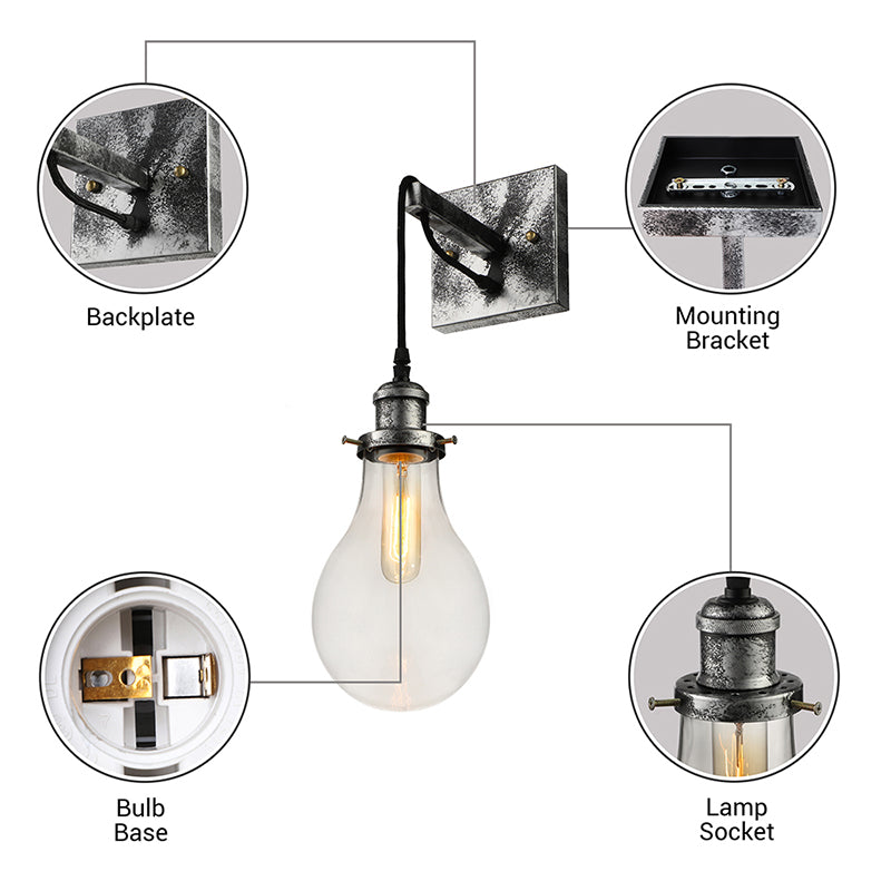 Avtoit | Black Bulb Shade Wall Light Industrial Clear Glass 1 Light Living Room Wall Lights Fixture