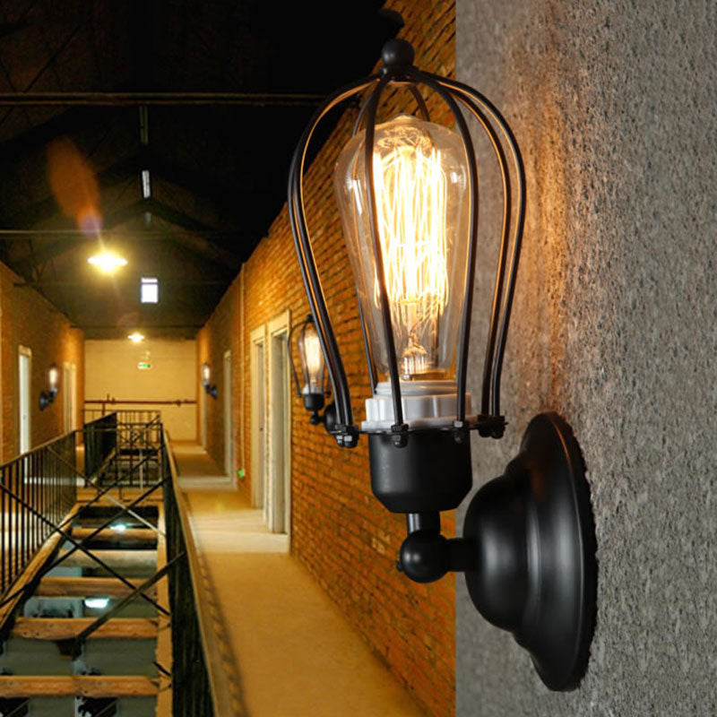 Avtoit | 1 Light Mini Wall Lamp Wall Bracket with Wire Frame Industrial Black Iron Wall Mount Lamp for Hallway