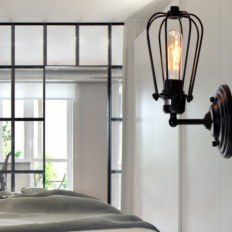 Avtoit | 1 Light Mini Wall Lamp Wall Bracket with Wire Frame Industrial Black Iron Wall Mount Lamp for Hallway