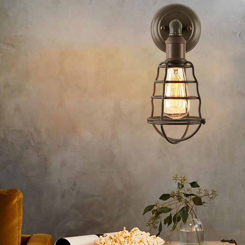 Avtoit | Rust Finish Mini Wall Lamp with Cage Shade Antique Style Iron 1 Light Farmhouse Wall Mount Lighting