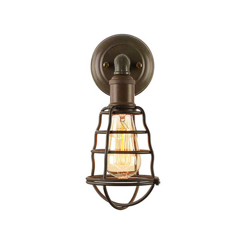 Avtoit | Rust Finish Mini Wall Lamp with Cage Shade Antique Style Iron 1 Light Farmhouse Wall Mount Lighting