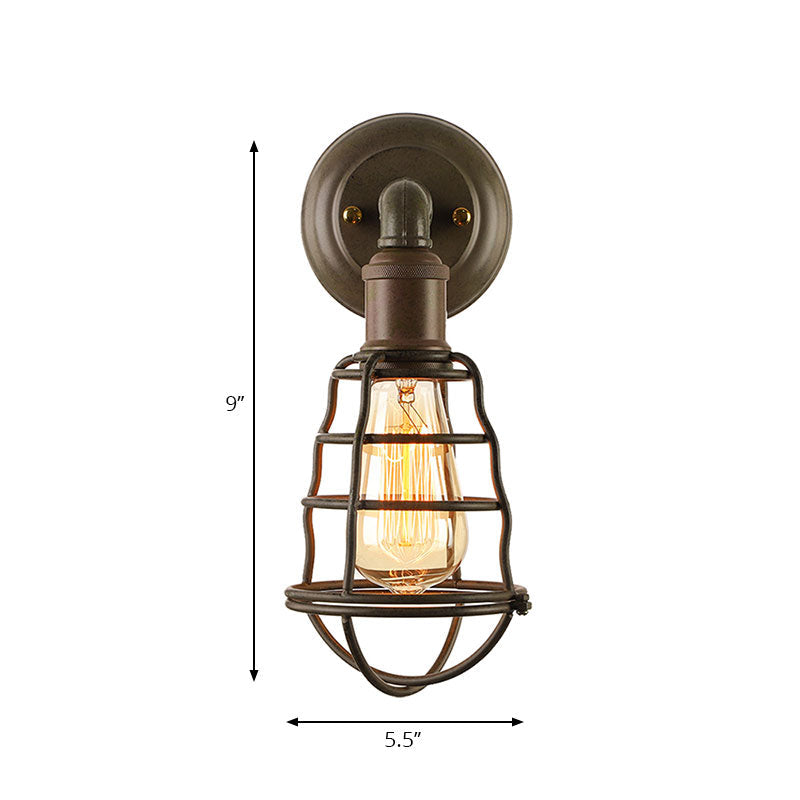 Avtoit | Rust Finish Mini Wall Lamp with Cage Shade Antique Style Iron 1 Light Farmhouse Wall Mount Lighting