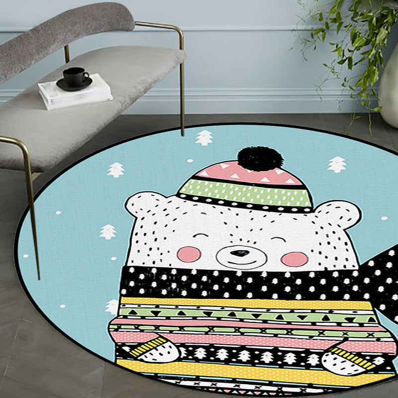 Avtoit | Casual Kids Rug in Blue Animals Bear Trees Pattern Rug Polyester Washable Pet Friendly Carpet for Nursery