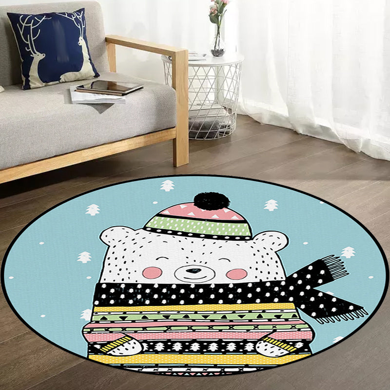 Avtoit | Casual Kids Rug in Blue Animals Bear Trees Pattern Rug Polyester Washable Pet Friendly Carpet for Nursery
