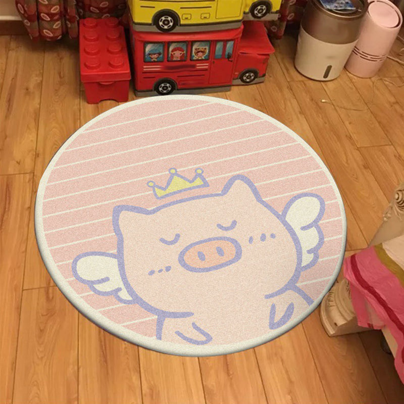 Avtoit | Unique Kids Rug in Pink Animal Pig Wings Stripe Pattern Rug Polyester Machine Washable Carpet for Nursery