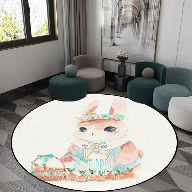 Avtoit | Cute Kids Rug in White Animal Owl Rabbit Sloth Pattern Rug Polyester Non-Slip Washable Rug for the Children's Room