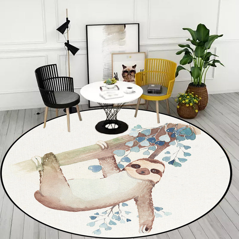 Avtoit | Cute Kids Rug in White Animal Owl Rabbit Sloth Pattern Rug Polyester Non-Slip Washable Rug for the Children's Room