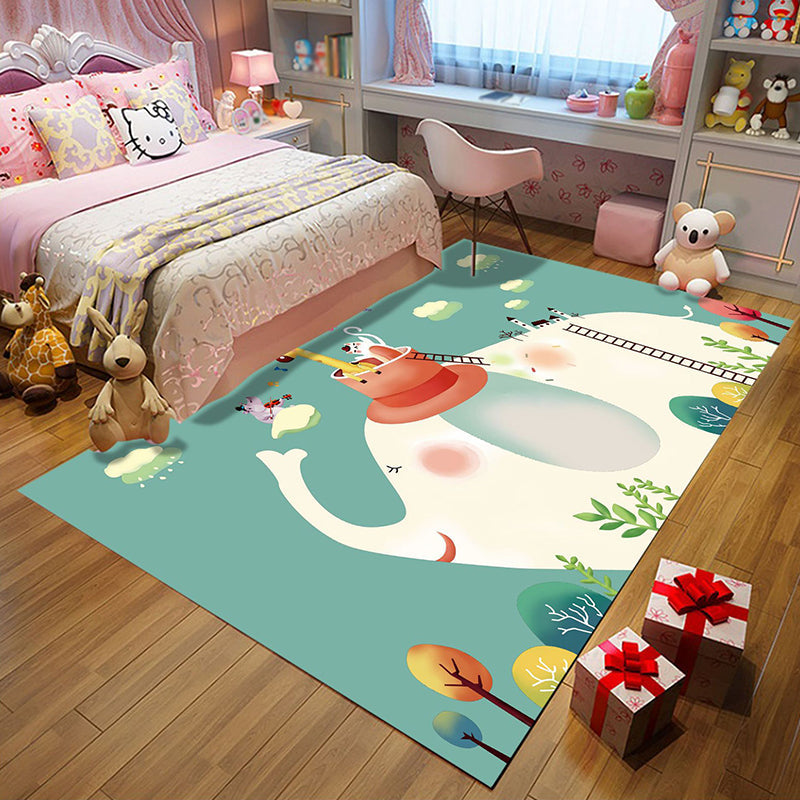 Avtoit | Kids Bedroom Rug in Green Animal Elephant Tree Cloud Print Rug Polyester Machine Washable Rug