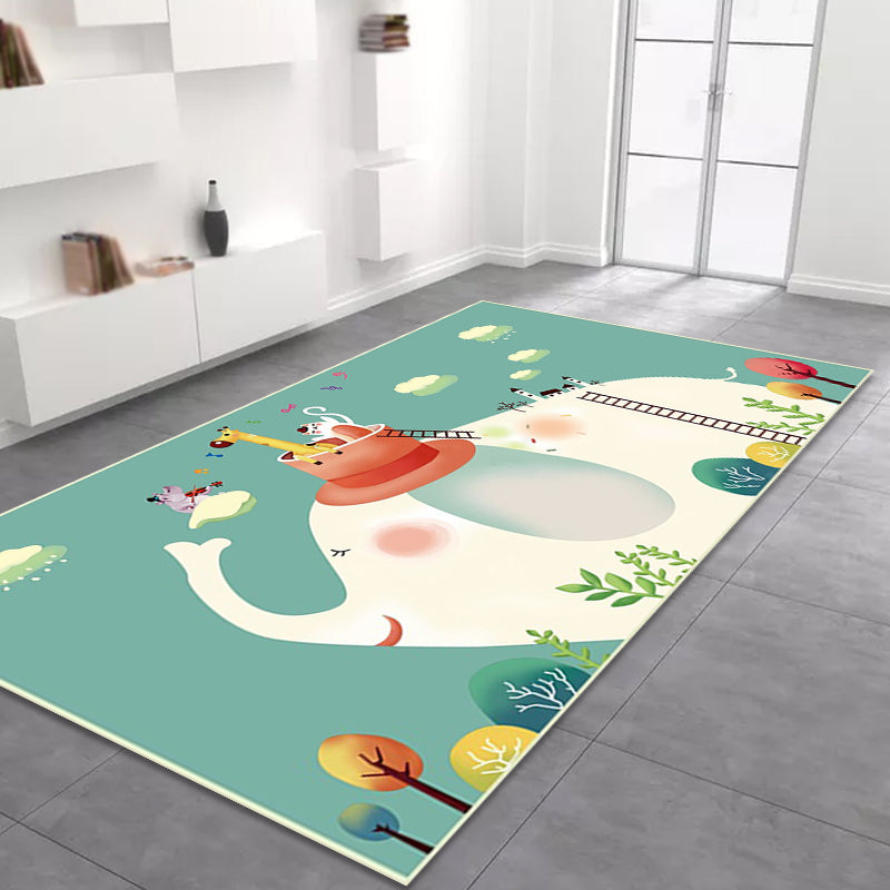 Avtoit | Kids Bedroom Rug in Green Animal Elephant Tree Cloud Print Rug Polyester Machine Washable Rug