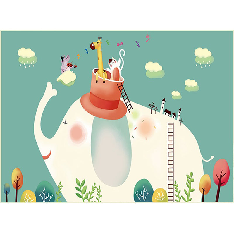 Avtoit | Kids Bedroom Rug in Green Animal Elephant Tree Cloud Print Rug Polyester Machine Washable Rug