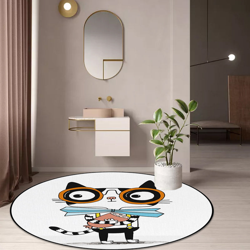 Avtoit | White and Blue Children's Room Rug Children Animals Cat Dots Pattern Area Rug Polyester Pet Friendly Carpet
