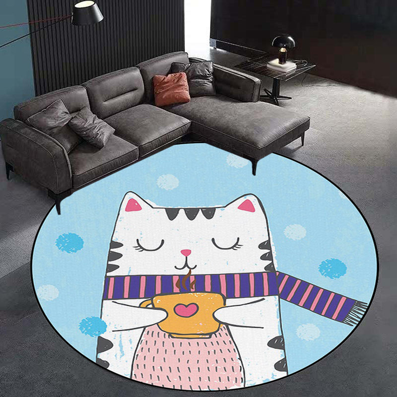 Avtoit | White and Blue Children's Room Rug Children Animals Cat Dots Pattern Area Rug Polyester Pet Friendly Carpet