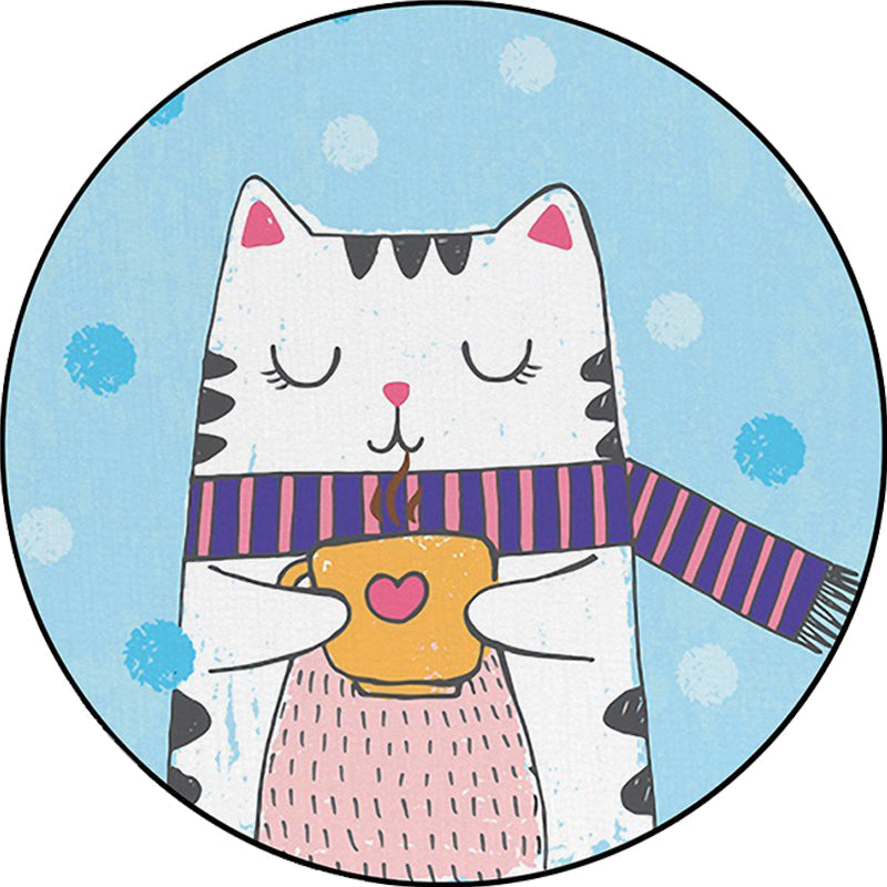 Avtoit | White and Blue Children's Room Rug Children Animals Cat Dots Pattern Area Rug Polyester Pet Friendly Carpet