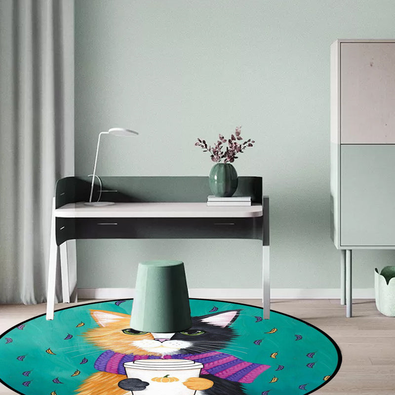 Avtoit | Blue and Green Children's Room Rug Children's Animal Dress Cat Leaf Pattern Rug Polyester Washable Rug