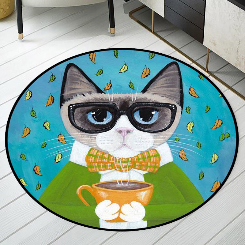 Avtoit | Blue and Green Children's Room Rug Children's Animal Dress Cat Leaf Pattern Rug Polyester Washable Rug