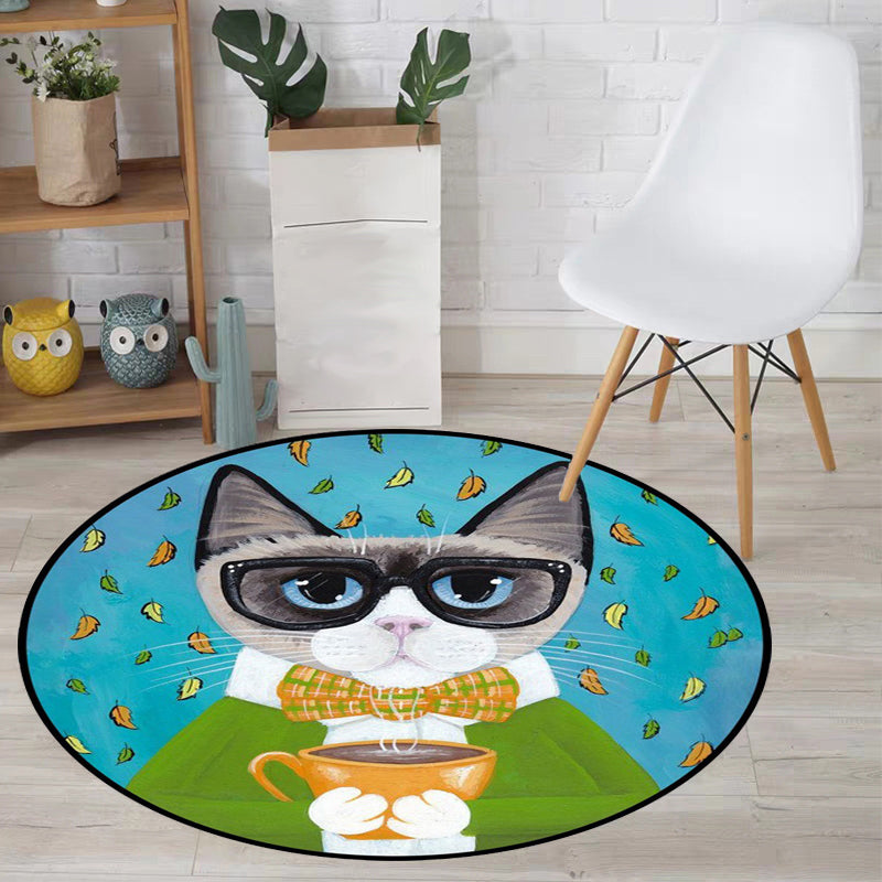 Avtoit | Blue and Green Children's Room Rug Children's Animal Dress Cat Leaf Pattern Rug Polyester Washable Rug