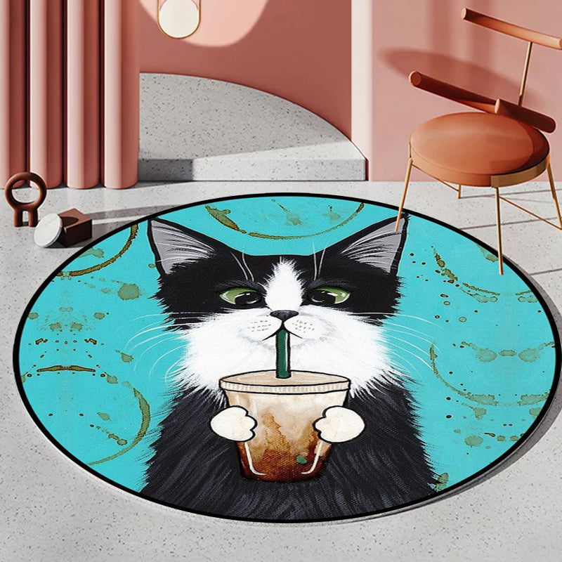 Avtoit | Blue and Green Children's Room Rug Children's Animal Dress Cat Leaf Pattern Rug Polyester Washable Rug