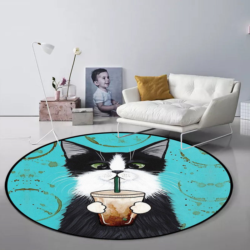 Avtoit | Blue and Green Children's Room Rug Children's Animal Dress Cat Leaf Pattern Rug Polyester Washable Rug
