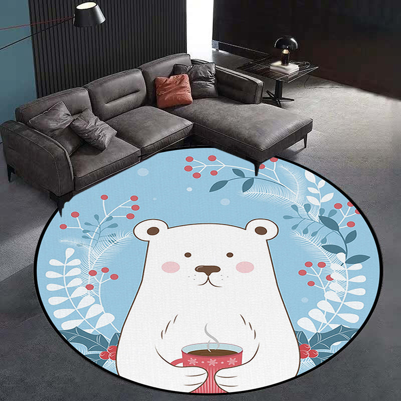 Avtoit | Kids Bedroom Carpet in Blue Animal Bear Leaf Drink Print Carpet Polyester Anti-Slip Back Carpet