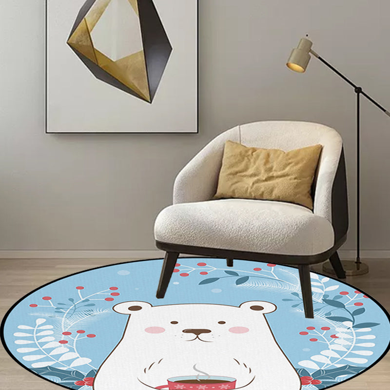 Avtoit | Kids Bedroom Carpet in Blue Animal Bear Leaf Drink Print Carpet Polyester Anti-Slip Back Carpet