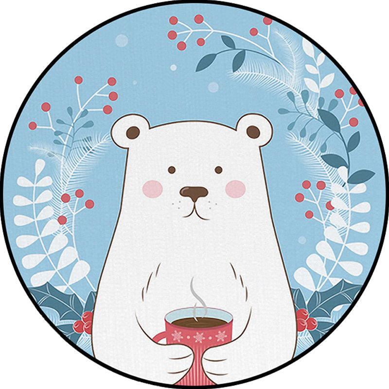 Avtoit | Kids Bedroom Carpet in Blue Animal Bear Leaf Drink Print Carpet Polyester Anti-Slip Back Carpet