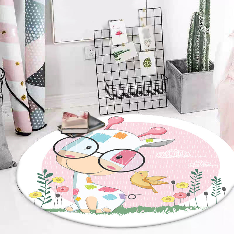 Avtoit | Blue and Pink Children's Room Carpet Child Animal Horse Rabbit Pattern Carpet Polyester Non-Slip Back Carpet