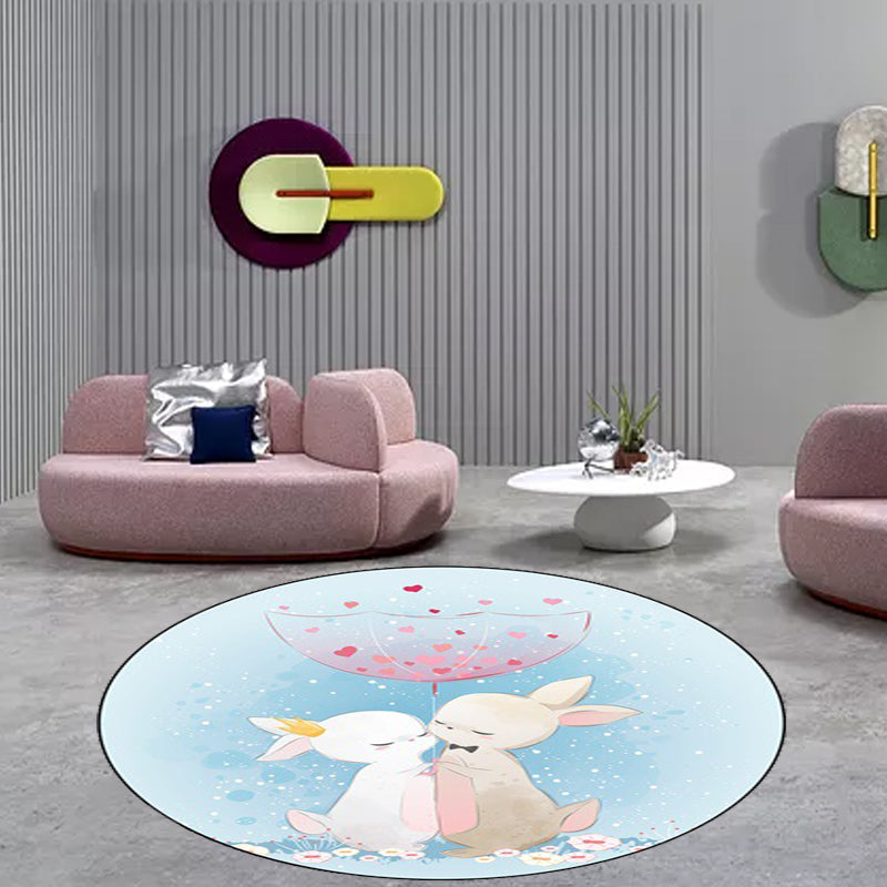 Avtoit | Blue and Pink Children's Room Carpet Child Animal Horse Rabbit Pattern Carpet Polyester Non-Slip Back Carpet