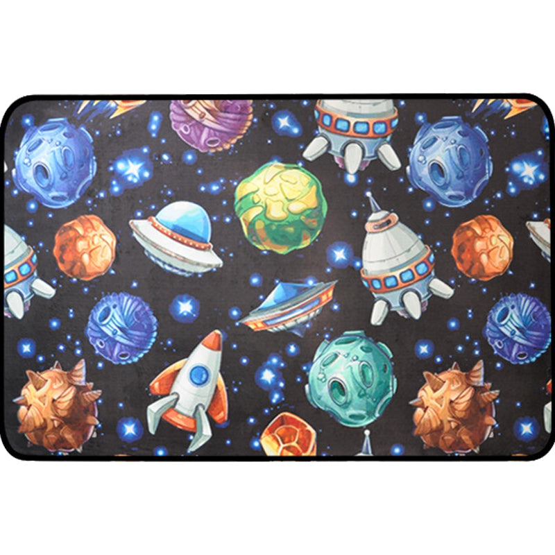 Avtoit | Kids Children's Room Carpet in Blue and Black Space Spaceship Planet Print Carpet Polyester Machine Washable Carpet