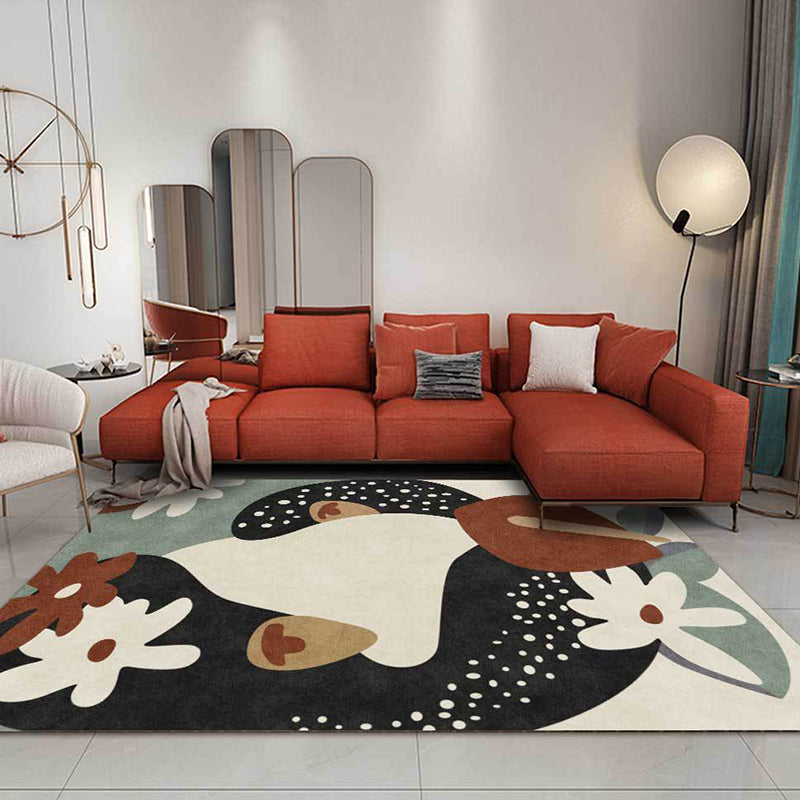 Avtoit | Stylish children's rug in black and ivory flower leaf dot pattern rug polyester stain-resistant rug for the children's room