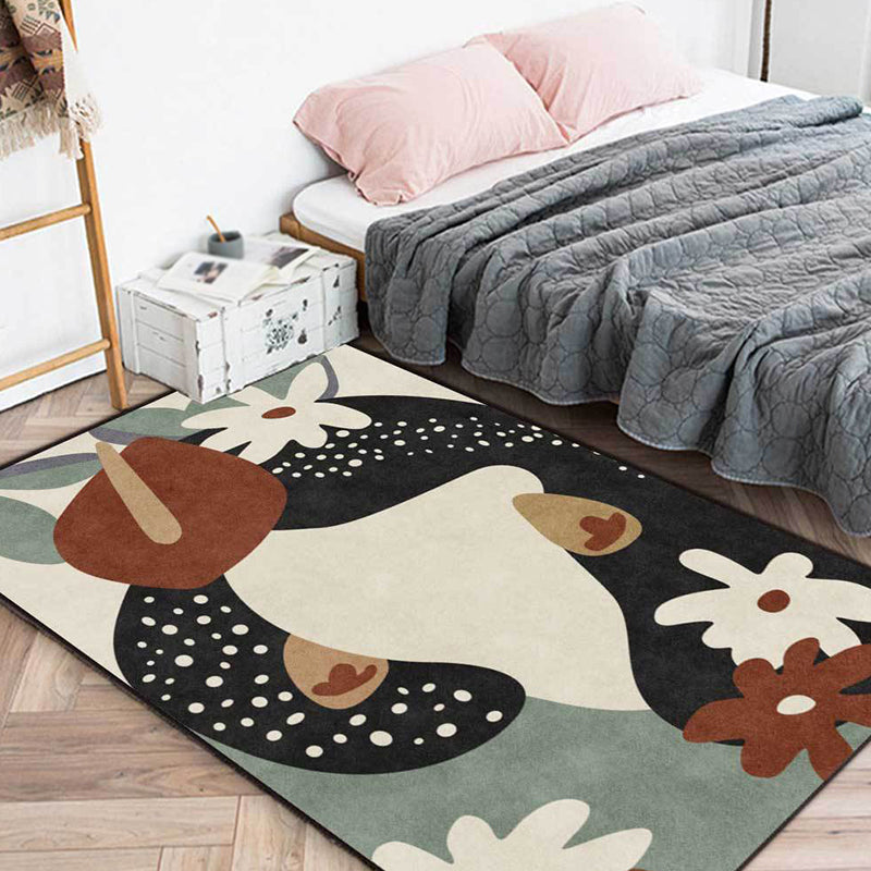 Avtoit | Stylish children's rug in black and ivory flower leaf dot pattern rug polyester stain-resistant rug for the children's room