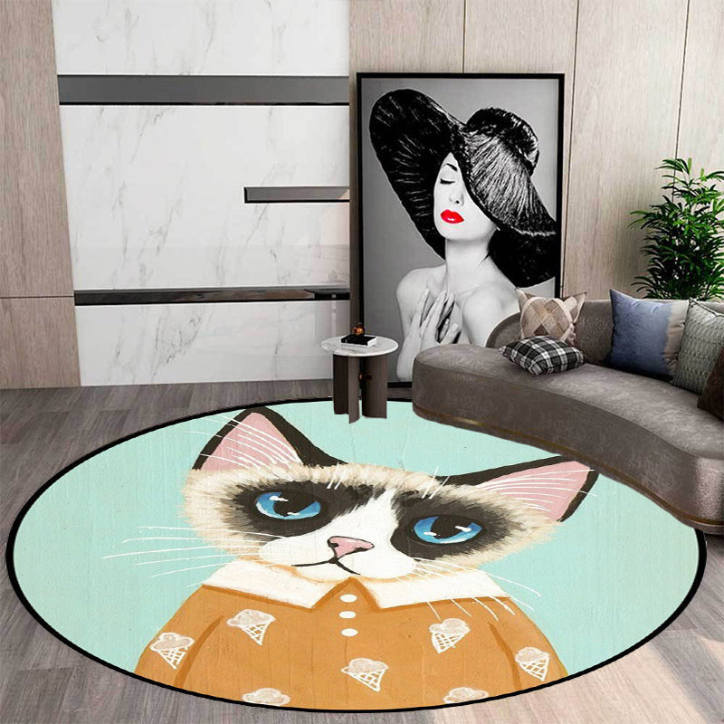 Avtoit | Casual Kids Rug in Pink and Blue Animal Cat Pattern Rug Polyester Stain Resistant Non-Slip Rug for the Children's Room