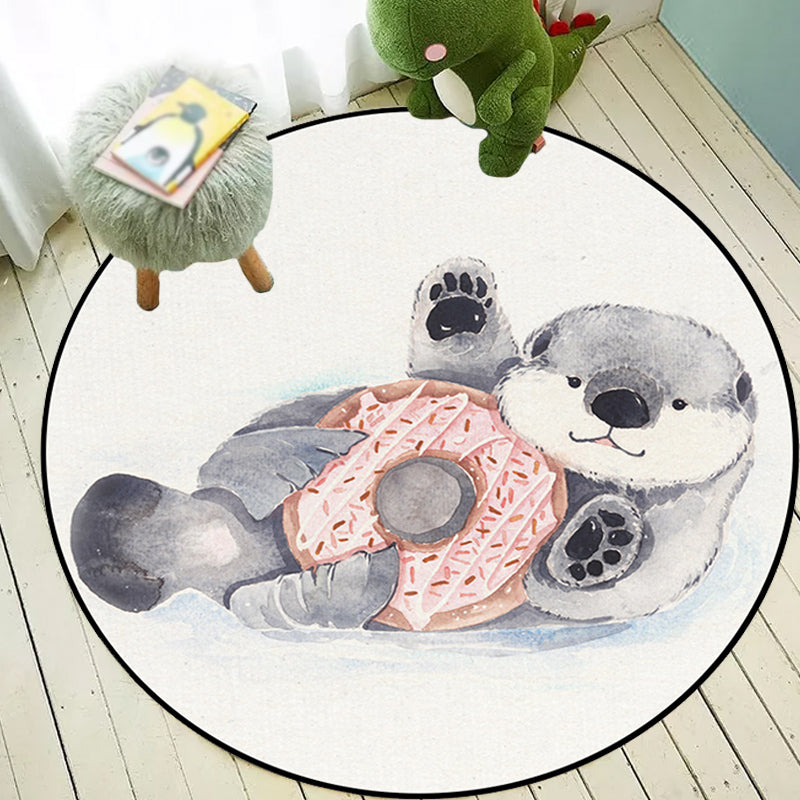 Avtoit | Children's Room Rug in White Animal Fox Koala Alpaca Print Rug Polyester Pet Friendly Washable Area Rug