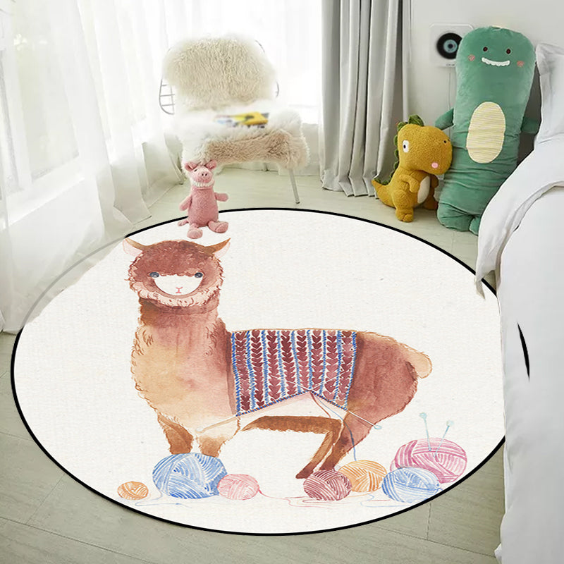 Avtoit | Children's Room Rug in White Animal Fox Koala Alpaca Print Rug Polyester Pet Friendly Washable Area Rug
