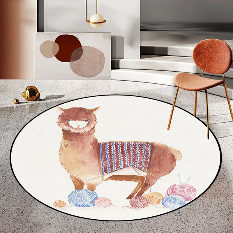 Avtoit | Children's Room Rug in White Animal Fox Koala Alpaca Print Rug Polyester Pet Friendly Washable Area Rug
