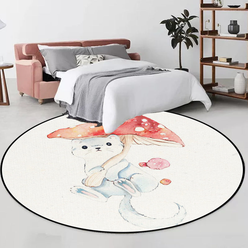 Avtoit | Children's Room Rug in White Animal Fox Koala Alpaca Print Rug Polyester Pet Friendly Washable Area Rug