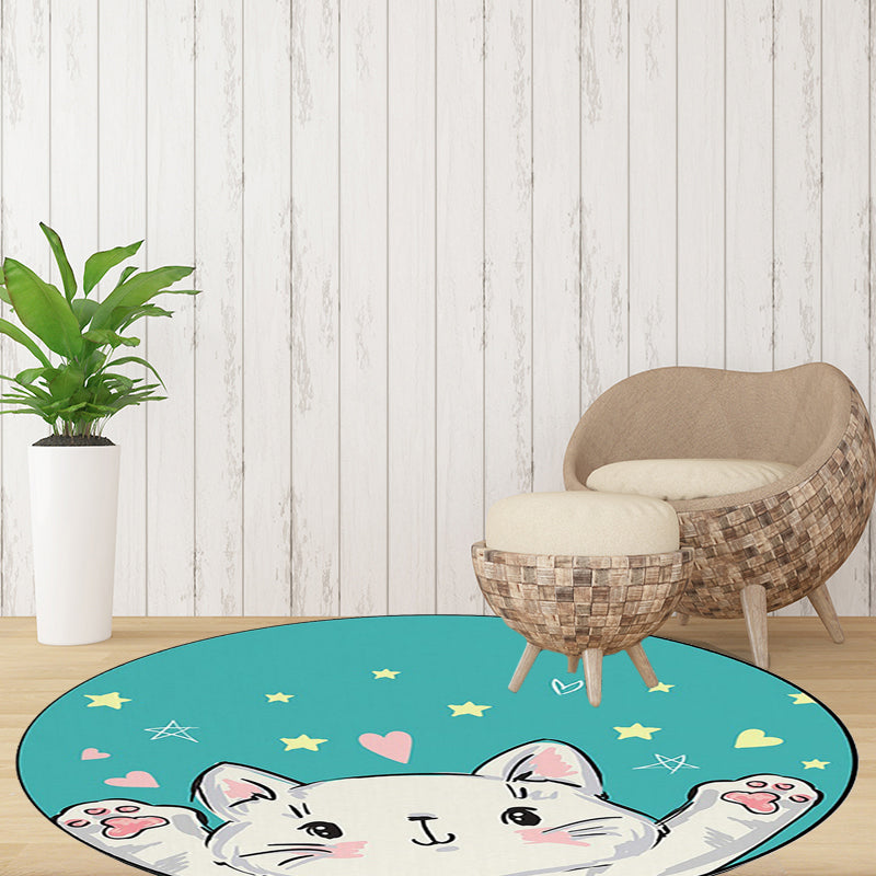 Avtoit | Kids Room Rug in Green and Yellow Animal Cat Heart Star Print Rug Polyester Stain Resistant Area Rug