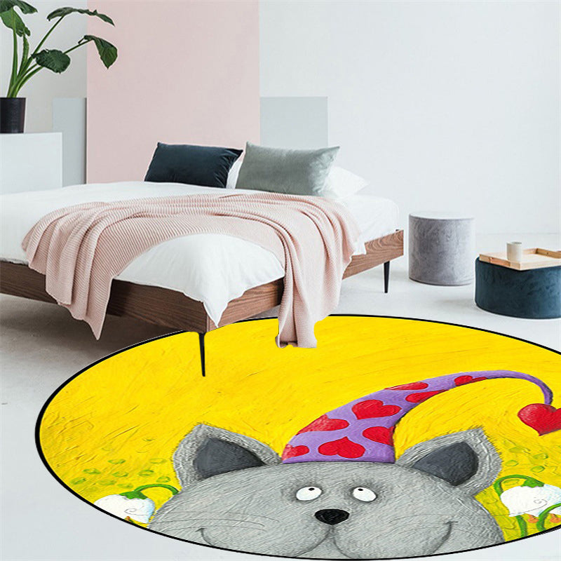 Avtoit | Kids Room Rug in Green and Yellow Animal Cat Heart Star Print Rug Polyester Stain Resistant Area Rug