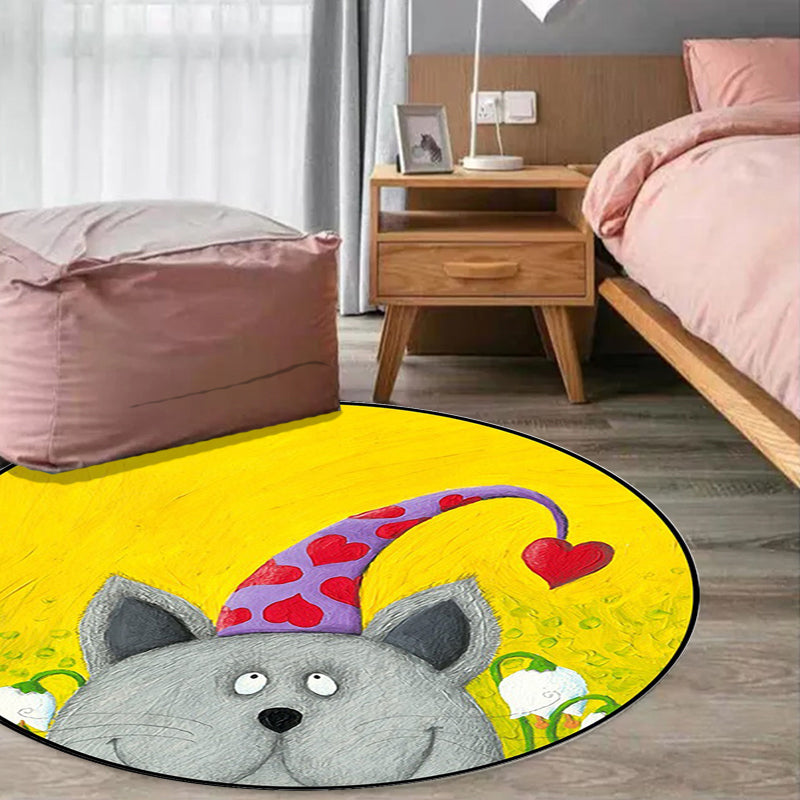 Avtoit | Kids Room Rug in Green and Yellow Animal Cat Heart Star Print Rug Polyester Stain Resistant Area Rug