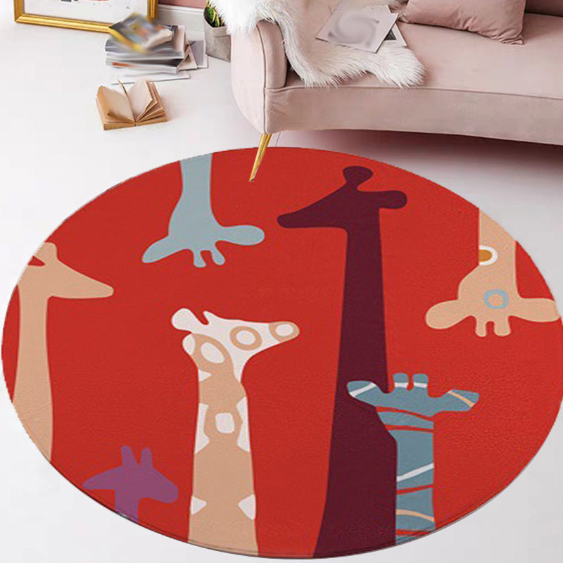 Avtoit | Red and Yellow Children's Room Carpet Children's Animal Cat Bear Giraffe Pattern Area Rug Polyester Pet-Friendly Washable Carpet