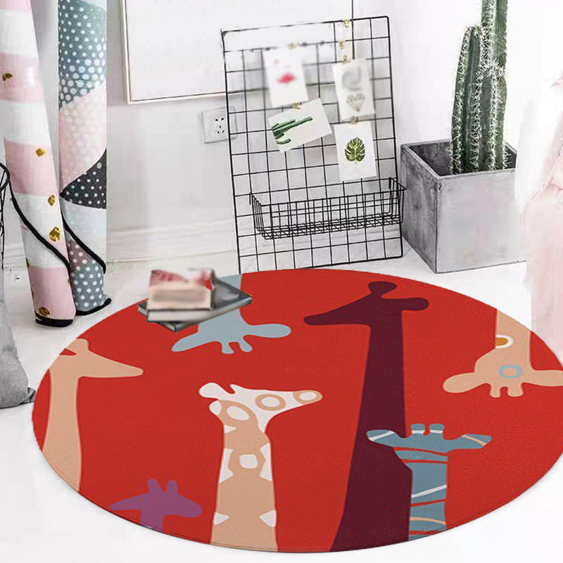 Avtoit | Red and Yellow Children's Room Carpet Children's Animal Cat Bear Giraffe Pattern Area Rug Polyester Pet-Friendly Washable Carpet