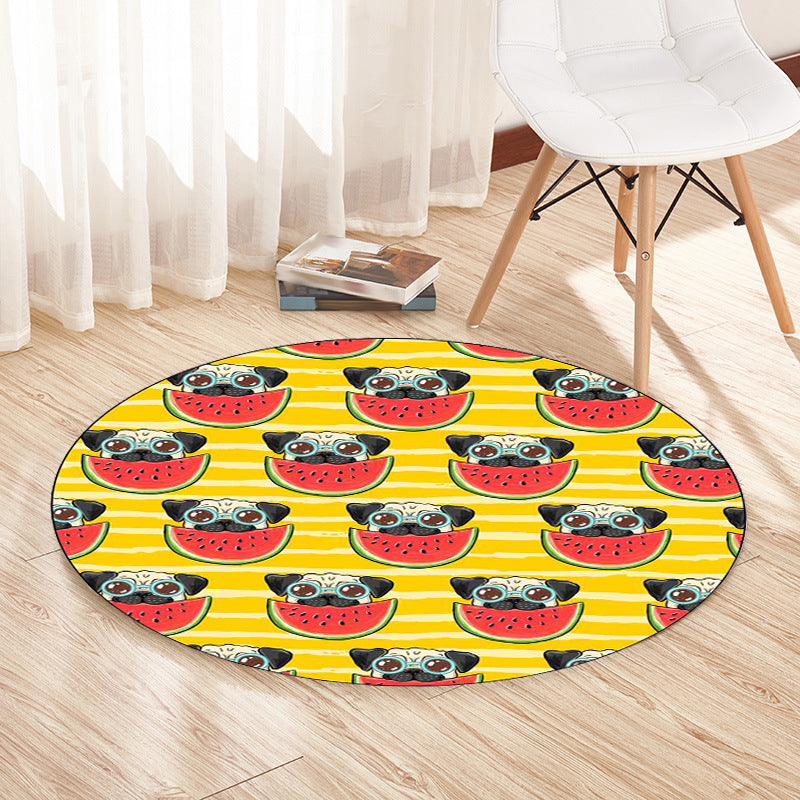 Avtoit | Yellow and Pink Children's Room Rug Children Animal Dog Watermelon Leaf Pattern Carpet Polyester Washable Rug