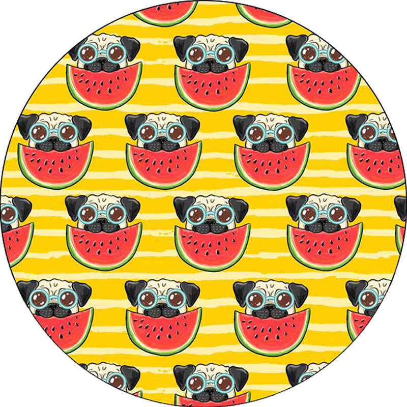 Avtoit | Yellow and Pink Children's Room Rug Children Animal Dog Watermelon Leaf Pattern Carpet Polyester Washable Rug